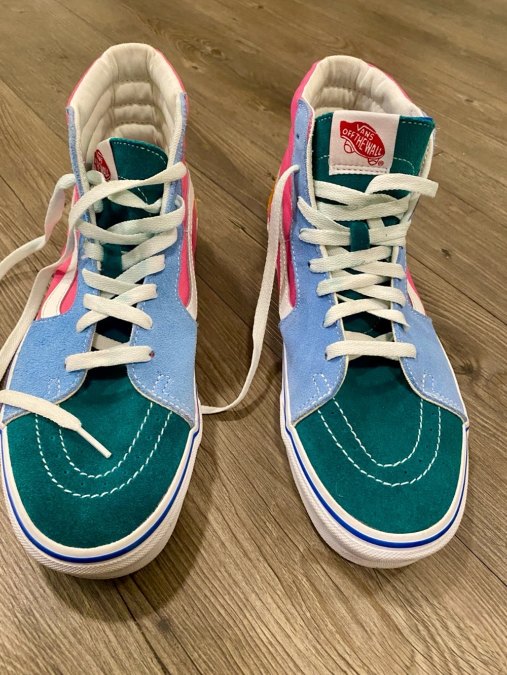 Vans SK8- High-Top Sneakers in Teal, Light Blue & Pink